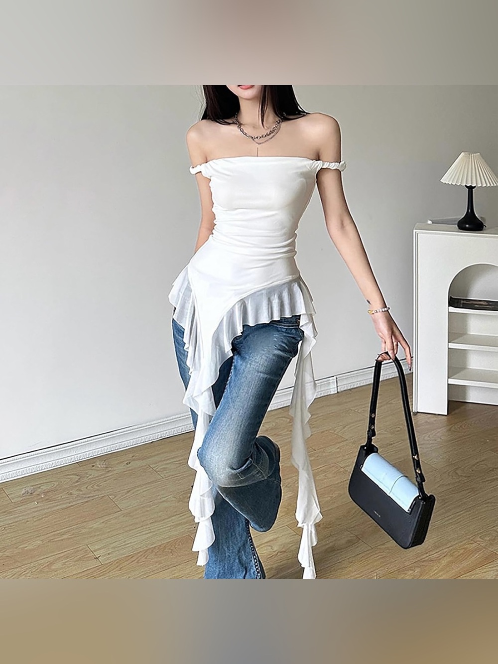Asymmetrical White Tank Top With Ruffles - Size Large